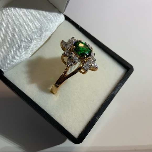 SYN EMERALD CLUSTER CZ GOLD PL RING SZ 10 14KT - Picture 7 of 16